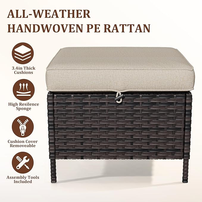 Outdoor Patio Ottoman Set of 2, All Weather Rattan Wicker Ottoman Seat, Outdoor Footstool Footrest Seat for Patio, Backyard, Poolside, Garden