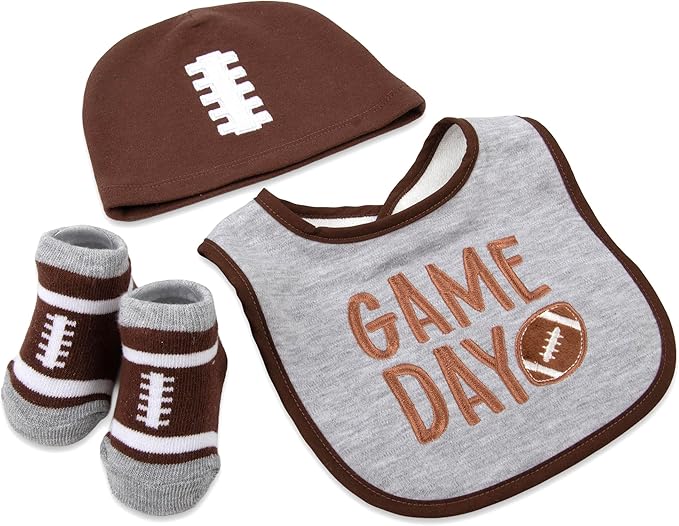 Baby Bib, Booties & Headwear Gift Set – 3 Piece Outfit for Boys & Girls – Halloween, Fall, Thanksgiving, Football & Christmas