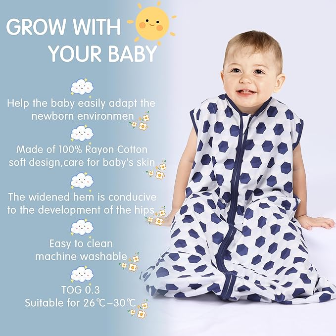 3 Pack Baby Sleep Sack 100% Rayon Cotton Baby Sleeping Bag 2-Way Zipper Toddler Wearable Blankets TOG 0.3. (Soccer&Triangles&Blue, 12-18 Months)