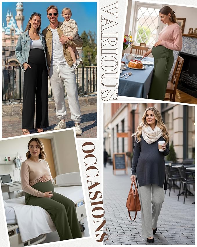 Neer 3 Pack Women's Maternity Pants Over The Belly Loose Pregnancy Pants Stretchy Lounge Wide Leg Trousers with Pockets
