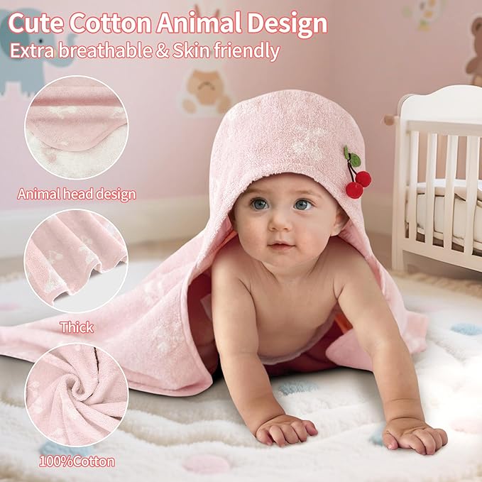 VOOVA & MOVAS Thick Baby Hooded Bath Towel - 100% Cotton,420GSM, 30.5x36 Inches,0-2Years, Super Absorbent Large Towel with Cherry Hood for Newborn,Toddler,Infant, Baby Essentials, Pink Cherry