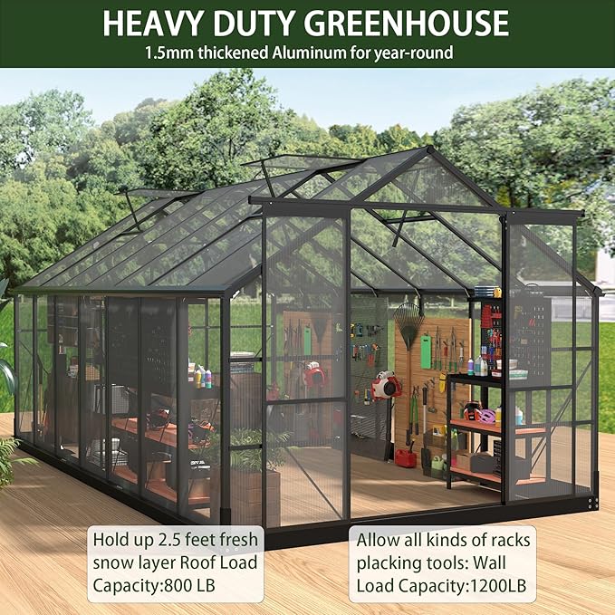Greenhouses for Outdoors, 8x14.2 FT Polycarbonate Greenhouses with Adjustable Roof Vent, Aluminum Frame Green Houses for Garden with Sliding Doors, Windproof (8x14.2FT)