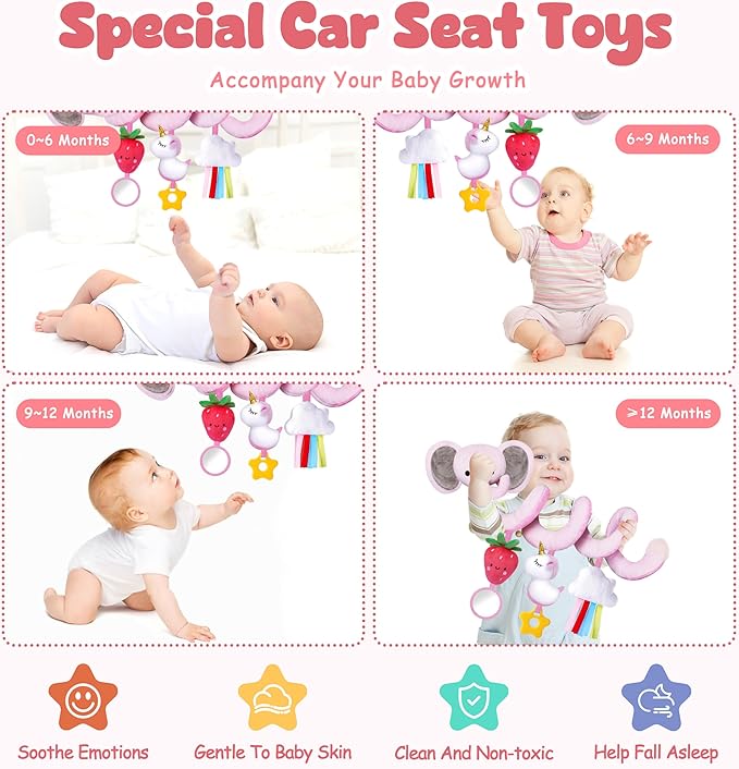 Stuffed Spiral Car Seat Toys for Baby Girls 0-6 Months, Perfect Newborn Gifts for Girls Essentials, Cute Pink Elephant Strawberry Hanging Plush Items