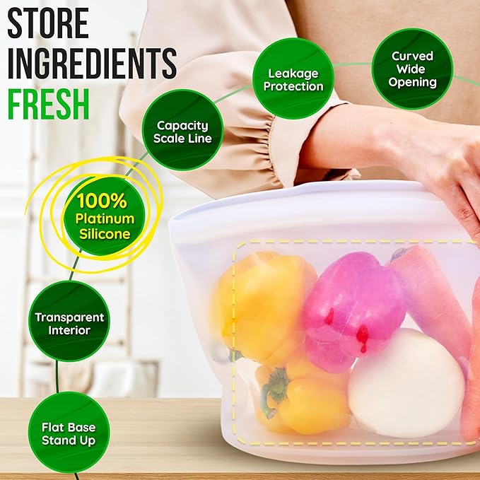Premium Platinum Silicone Reusable Food Storage Bag 3.6 Cup (29 fl oz), Airtight Zip Lock Bags for Food, BPA-Free Silicone Freezer Bags, Microwave Safe Sous Vide Container, Taupe Brown