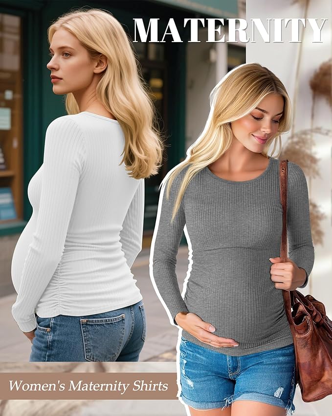 Huukeay 4 Pack Women's Maternity Shirts, Long Sleeve Cotton Ribbed Pregnancy Tops Side Ruched Crew Neck Casual Mama Clothes