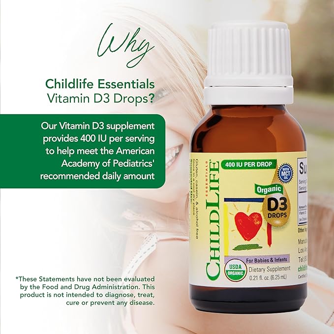 CHILDLIFE ESSENTIALS Organic Vitamin D3 Drops for Infants & Newborns - Baby Vitamin D Drops, 400 IU per Liquid Drop, Immune & Bone Health Support, USDA Organic, Flavorless - 0.21 Fl Oz (2 Pack)