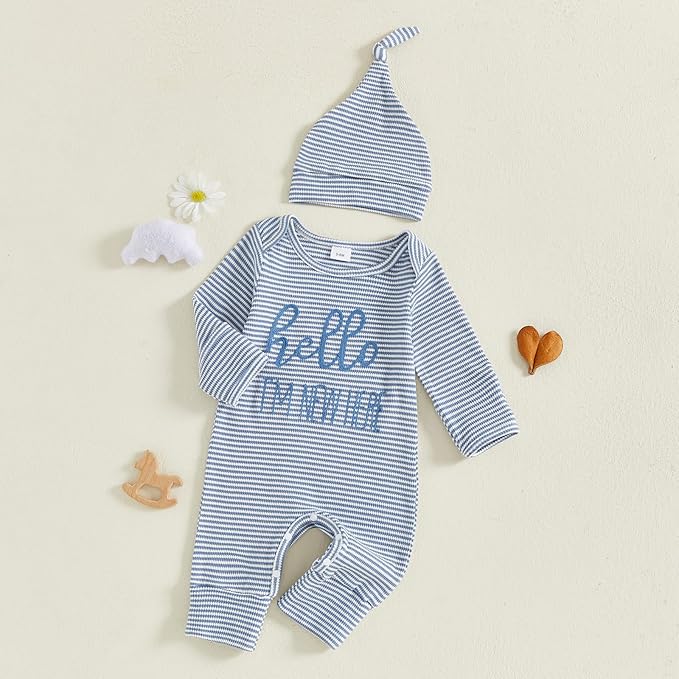 Fernvia Newborn Baby Boy Clothes Letters Print Bodysuit 3 6 9 12 18 Months Long Sleeve Jumpsuit with Hat 2PCS Outfits Set