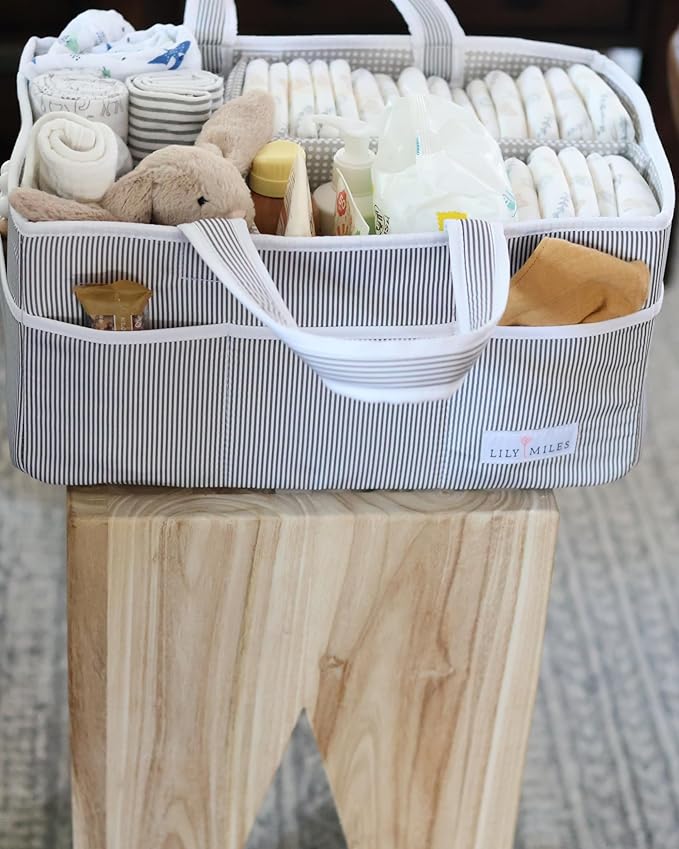 Lily Miles Baby Diaper Caddy Organizer, Baby Shower Basket for Newborn Boys or Girls, Nursery Must Haves for New Mom, Registry Favorites, Large Storage Tote for Changing Table or Car, Gray