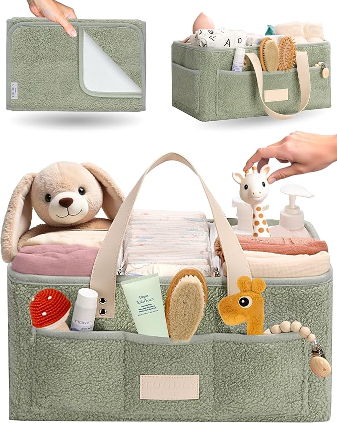 Baby Diaper Caddy Organizer with Portable Changing Mat - Teddy Fleece Diaper Organizer for Changing Table - Basket for Changing Essentials - Baby Essentials Organizer with Removable Dividers