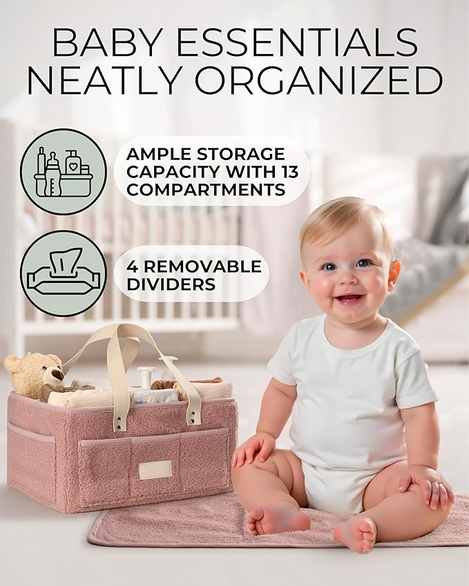 Baby Diaper Caddy Organizer with Portable Changing Mat - Teddy Fleece Diaper Organizer for Changing Table - Basket for Changing Essentials - Baby Essentials Organizer with Removable Dividers