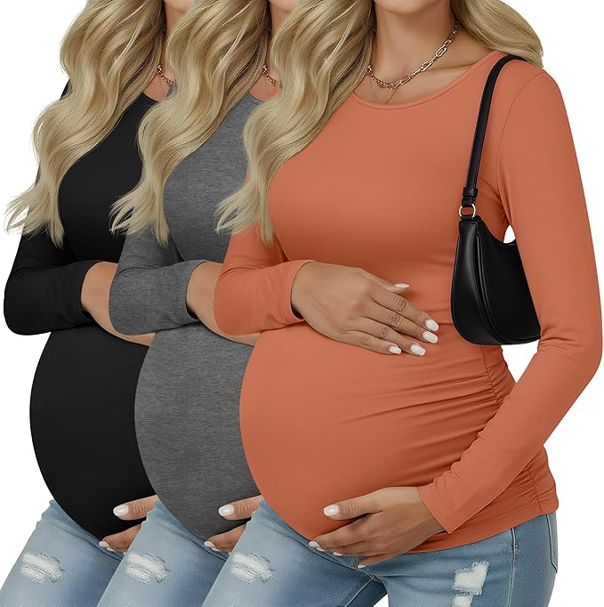 Ficerd 3 Pack Women's Maternity Shirts, Long Sleeve Side Ruched Pregnancy Tee Tops Crew Neck Casual Mama Clothes Basic Tunic
