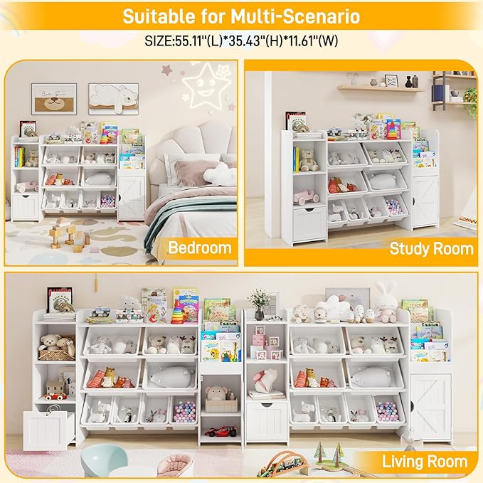 Vabches 55" Large Kids Toy Organizer with 8 Toy Storage Tubs, Storage Boxes and Storage Racks, Tiered Bookshelf and 7 Storage Cubbies, Kids Bookshelf, Playroom Storage and Storage Boxes(White)