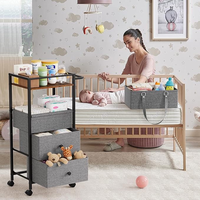 Baby Diaper Caddy Organizer Cart with Drawers - 3In1 Rolling Storage Cart with Wheels, Removable Diaper Caddy, Detachable Dividers - for Crib, Bedroom, Art & Craft Organizer (Black)