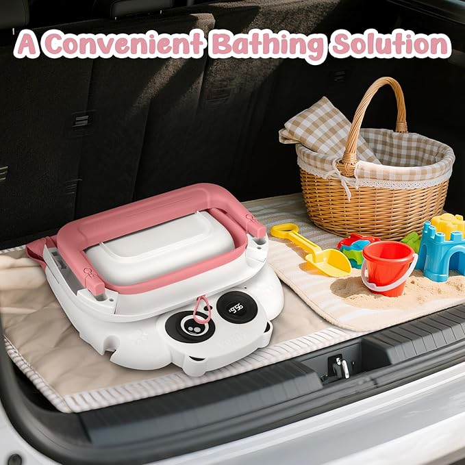 Collapsible Baby Bathtub for Newborn, Baby Bath Tub with Thermometer & Soft Floating Cushion & Drain Hole for Infant to Toddler, Portable Travel Bathtub with No-Slip Feet for 0-36 Months-Pink