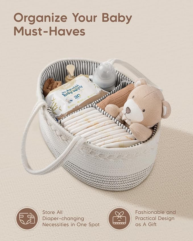 Maliton Baby Diaper Caddy Organizer, Cotton Rope Diaper Caddy Basket, Large Storage Basket for Newborn Boys and Girls, Gift for Baby Shower List, Newborn Essentials