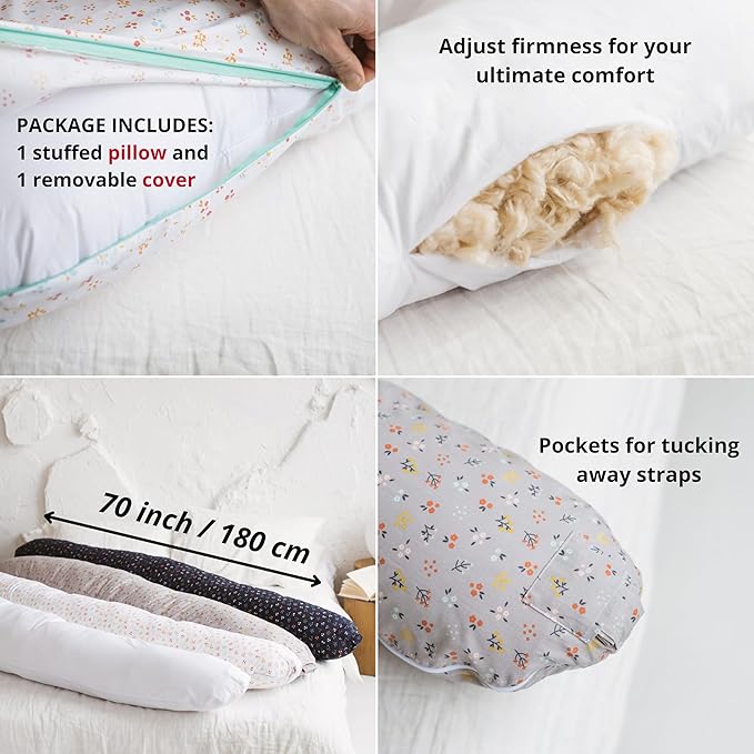 First Organic Cotton Pregnancy Pillow for Sleeping & Feeding made with Natural Kapok Filling – Cooling Nursing & Comfort Pillow for Maternity Support & Side Sleepers – Removable Cover Included!