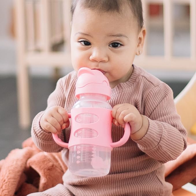 Dr. Brown's Milestones Wide-Neck Sippy Straw Bottle with 100% Silicone Handles and Weighted Straw, 9 oz/270 mL, Pink, 6m+