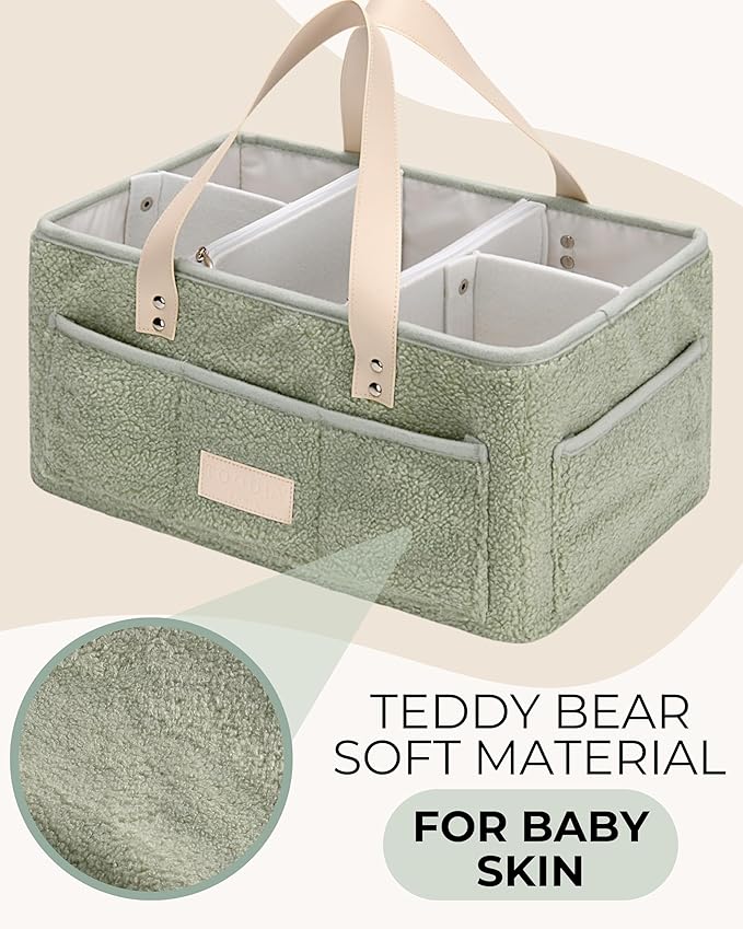 Baby Diaper Caddy Organizer with Portable Changing Mat - Teddy Fleece Diaper Organizer for Changing Table - Basket for Changing Essentials - Baby Essentials Organizer with Removable Dividers