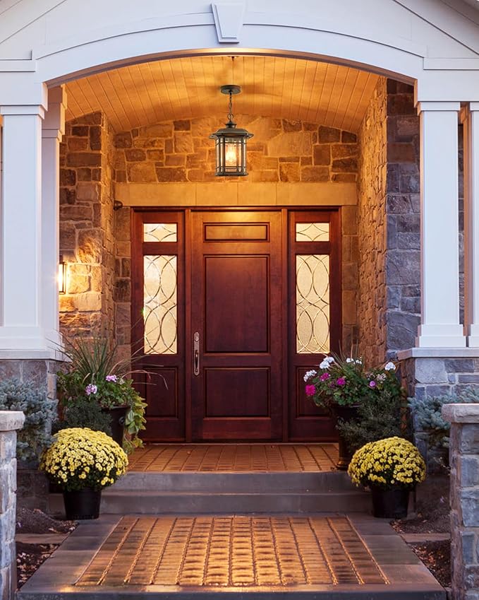 VIANIS Large Outdoor Pendant Lights for Porch, Bronze Hanging Light, Waterproof Hanging Porch Light for House, Garden, Front, Anti-Rust, 100% Aluminum, Seed Glass