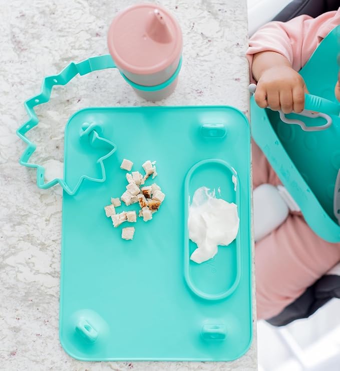Busy Baby Bottle Bungee - Sippy Cup Strap - Keeps Bottles and Sippy Cups Off The Floor - Food Grade Silicone - Dishwasher Safe (Blue)