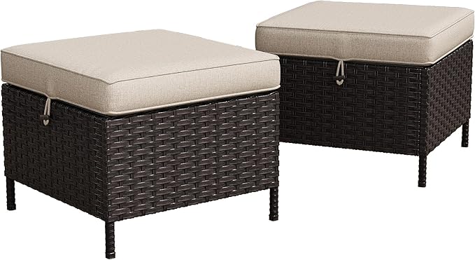 Outdoor Patio Ottoman Set of 2, All Weather Rattan Wicker Ottoman Seat, Outdoor Footstool Footrest Seat for Patio, Backyard, Poolside, Garden