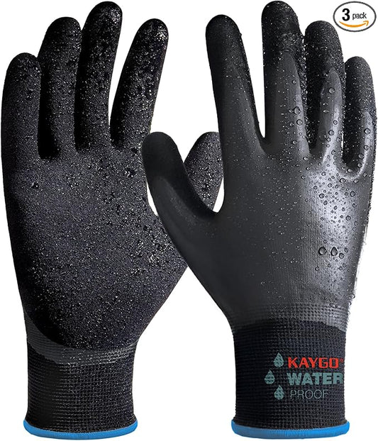 KAYGO Waterproof Work Gloves for Men and Women, Rubber Coated Non-slip Working Gloves for Garden, Outdoor Construction,3 pairs,Black,M