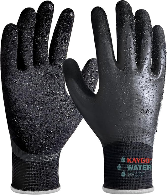 KAYGO Waterproof Work Gloves for Men and Women, Rubber Coated Non-slip Working Gloves for Garden, Outdoor Construction,KG150,Black,XL