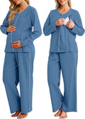 OUGES 100% Cotton Women's Maternity Nursing Pajamas Sets Button Down Breastfeeding Loungewear Top & Pants with Pockets