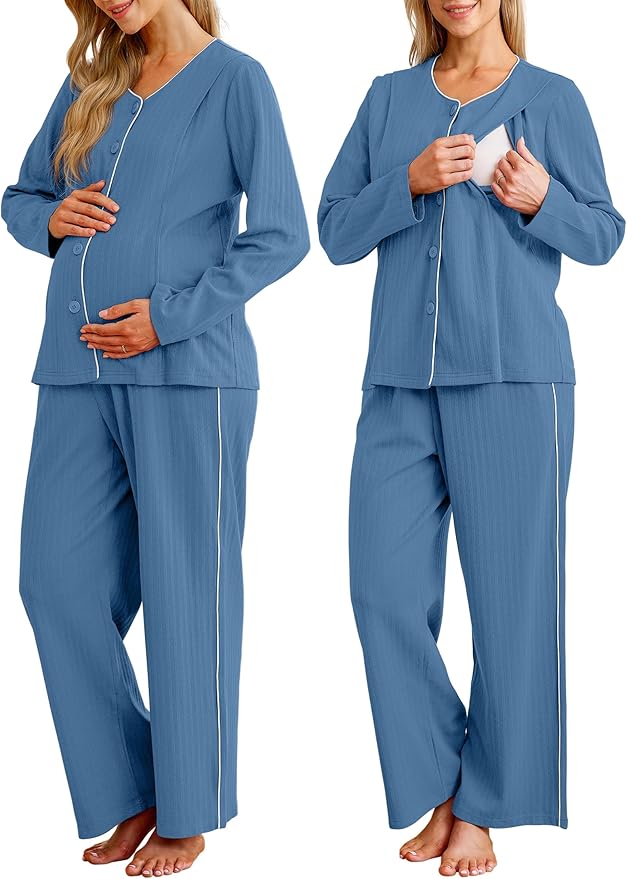 OUGES 100% Cotton Women's Maternity Nursing Pajamas Sets Button Down Breastfeeding Loungewear Top & Pants with Pockets