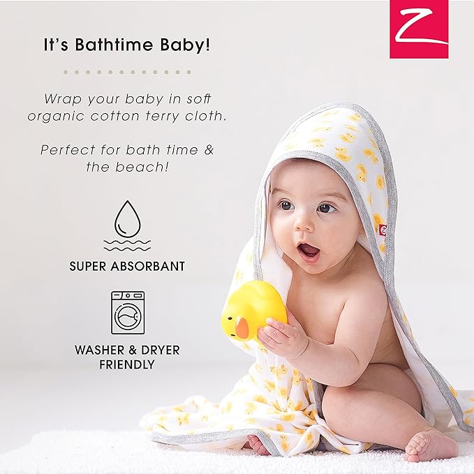 Zutano Hooded Baby Towels, Organic Cotton Baby Bath Towel, Ultra Soft and Absorbent Baby Towel for Newborn and Infant | Girl, Boy, and Unisex Towel Set, Rubber Duckies, 2-Pack