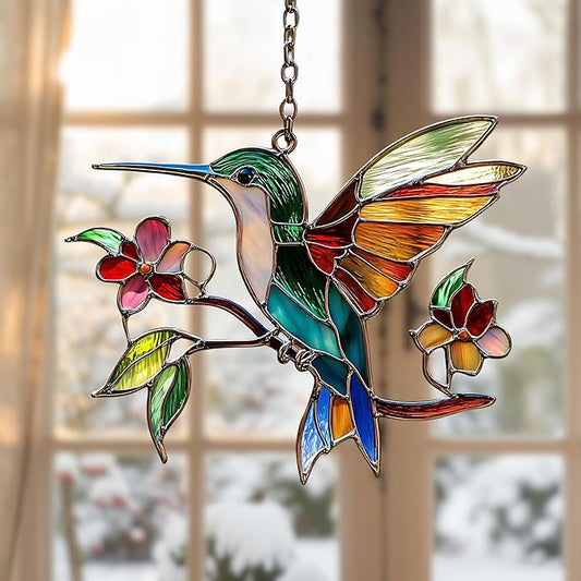 Hummingbird and Flower Acrylic Suncatcher Stained Glass Effect Window Car Hanging Christmas Ornament Indoor Outdoor Decor Garden Sun Catcher Panel for Bird Lover for Women Mom Grandma