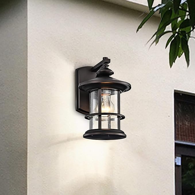 MICSIU Oil Rubbed Bronze Outdoor Wall Light 2 Pack, Clear Seedy Glass Exterior Wall Sconce Light Fixture, 10 Inch Metal Outdoor Porch Lights for House, Front Porch, Patio, Backyard