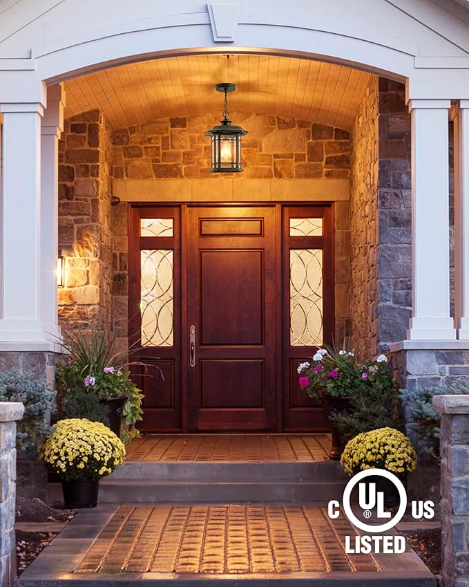 VIANIS Large Outdoor Pendant Light, Black Chandelier Lantern, Anti-Rust Outdoor Hanging Lights, Porch Lights Ceiling with Tempered Seed Glass for House