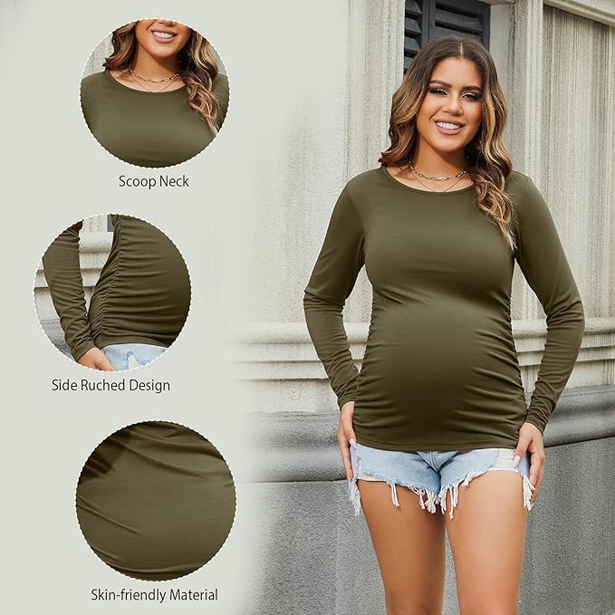 Bhome Women's Maternity Shirts 3 Packs Long Sleeve Pregnancy Tops Basic Side Ruched Tunic Blouse