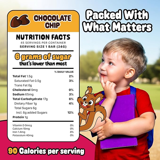 Snakkidz Organic Chewy Granola Bar, Allergen Free, Made with Avocado Oil, Low Sugar (45 Bars, Chocolate Chip)