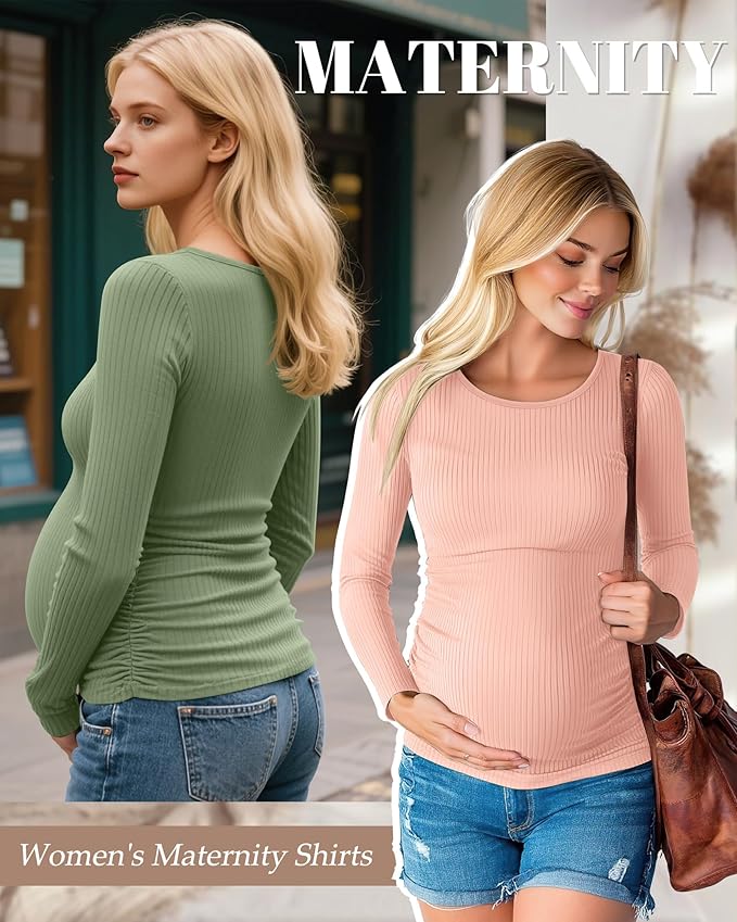 Huukeay 4 Pack Women's Maternity Shirts, Long Sleeve Cotton Ribbed Pregnancy Tops Side Ruched Crew Neck Casual Mama Clothes