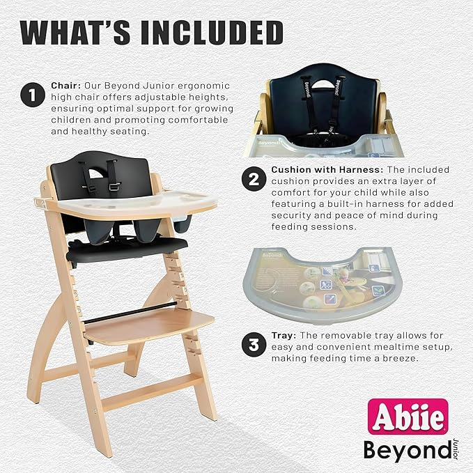 Abiie Beyond Junior Wooden High Chair with Tray - Adjustable and Convertible High Chair for Babies and Toddlers - 6 Months to 250 Lb - Water Resistant - Natural Wood/Black Pearl Cushion
