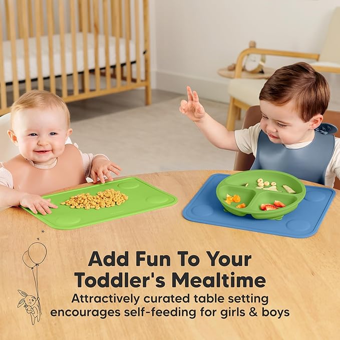 KeaBabies 2-Pack Silicone Placemats for Toddlers - 12x9 Non Slip Suction Baby Silicone Placemat for Kids Eating, Easy to Clean, Busy Travel Baby Mat for Dining Table, Food Grade/BPA-Free (Kea)