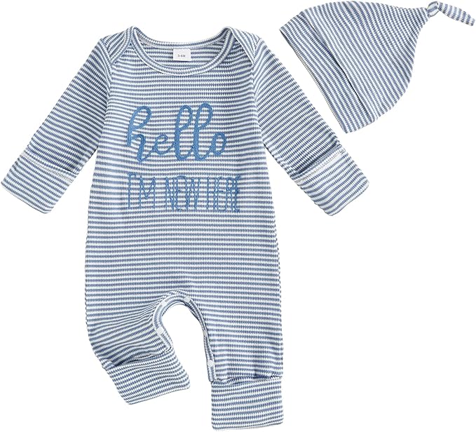 Fernvia Newborn Baby Boy Clothes Letters Print Bodysuit 3 6 9 12 18 Months Long Sleeve Jumpsuit with Hat 2PCS Outfits Set