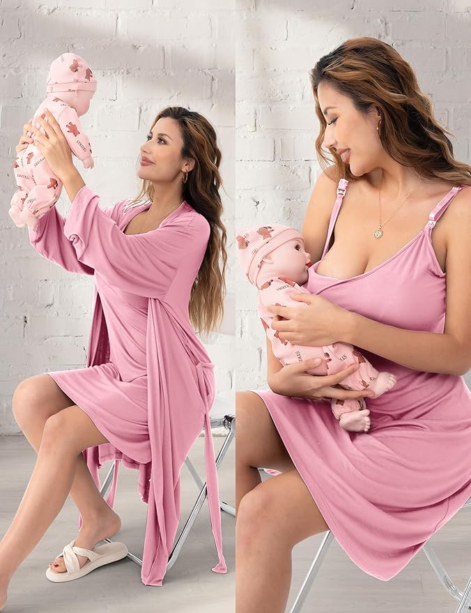 SUNNYBUY Women's Nursing Nightgown Maternity Robe Set, 3 in 1 Labor Delivery Breastfeeding Dress Postpartum Sleepwear
