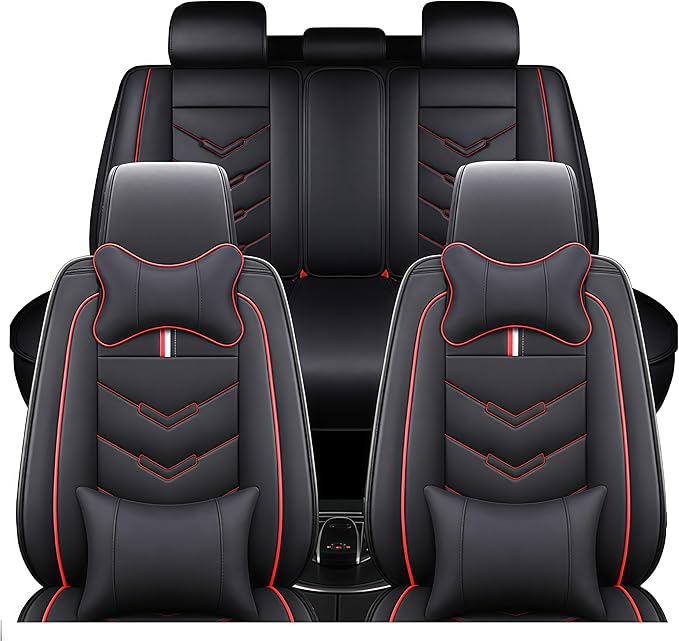 Leather Car Seat Covers Fit for LR Range Rover Sport 2023-2025, 5 Seater Waterproof and Wear-Resistant Seat Cover Interior Accessories(Full Set with Pillow,Black&Red)