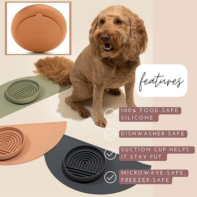 Should We Go? Slow Feeder for Dogs & Puppies, The Slowdown Bowl Silicone Slow Eating, Modern Lick Mat Design, Reduces Gulping, Fits 2 Cups, 7.5” Across x 1.5” Tall, Mealtime Challenge, Medium-Tan