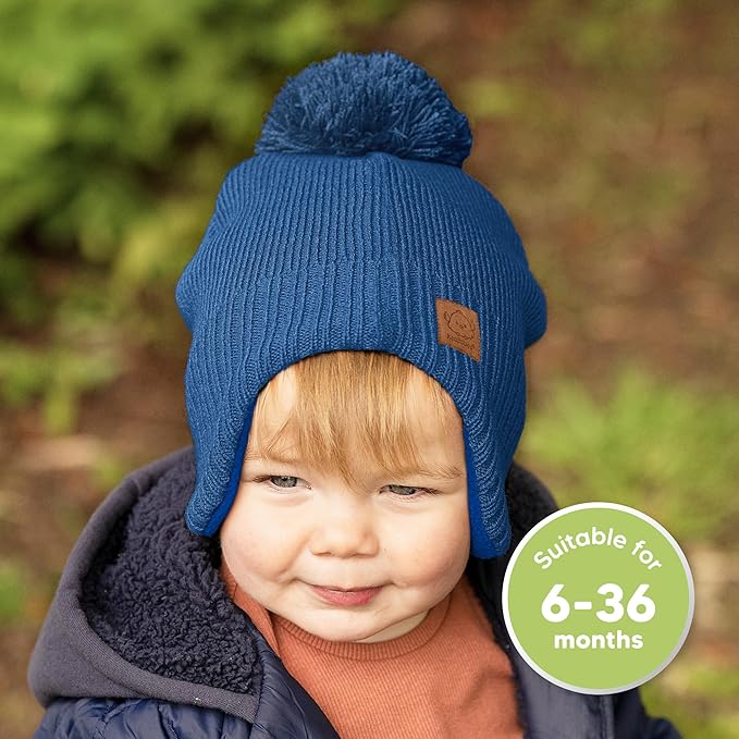 Baby Beanies, Baby Hats for Boys, Girls - Cute Toddler Winter Hat, Soft & Stretchy Beanies for Infant, Newborn 6-36 months, Cozy & Warm with Earflap Muff & Pom (Cobalt)
