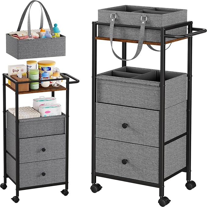 Baby Diaper Caddy Organizer Cart with Drawers - 3In1 Rolling Storage Cart with Wheels, Removable Diaper Caddy, Detachable Dividers - for Crib, Bedroom, Art & Craft Organizer (Black)