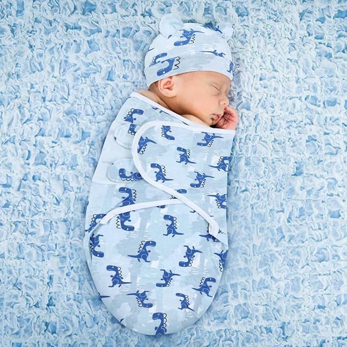 Cinaci 2 Pack Adjustable Soft Cotton Blend Newborn Baby Receiving Swaddle Blankets Sleep Sacks with Nursery Hats Caps Beanies Bonnets for Baby Girls Boys Newborns Infants