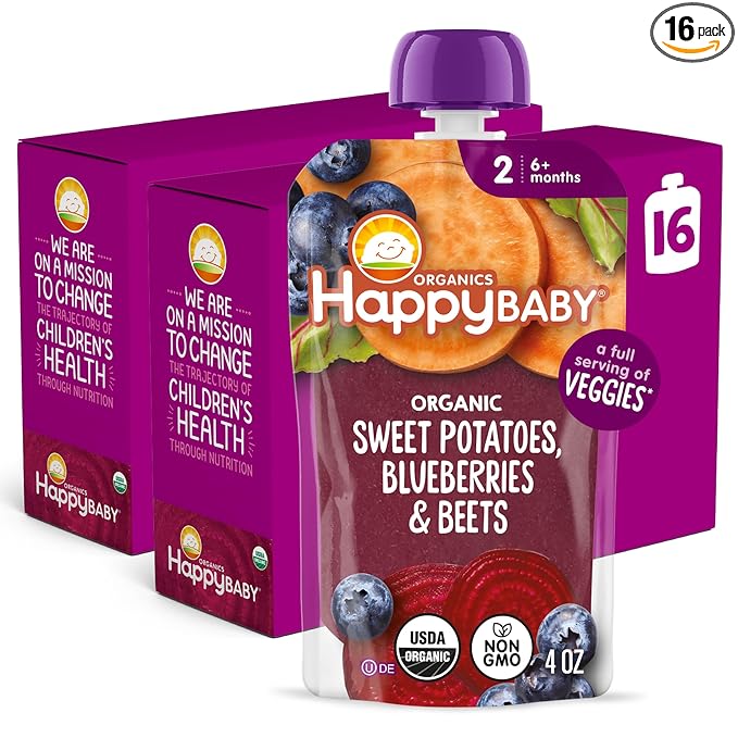 Happy Baby Organics Stage 2 Baby Food Pouches with One Full Serving of Veggies, Nutritious Snack, Clearly Crafted Fruit & Veggie Puree, Sweet Potatoes, Blueberries, & Beets, 4 Ounces