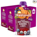 Happy Baby Organics Stage 2 Baby Food Pouches with One Full Serving of Veggies, Nutritious Snack, Clearly Crafted Fruit & Veggie Puree, Sweet Potatoes, Blueberries, & Beets, 4 Ounces