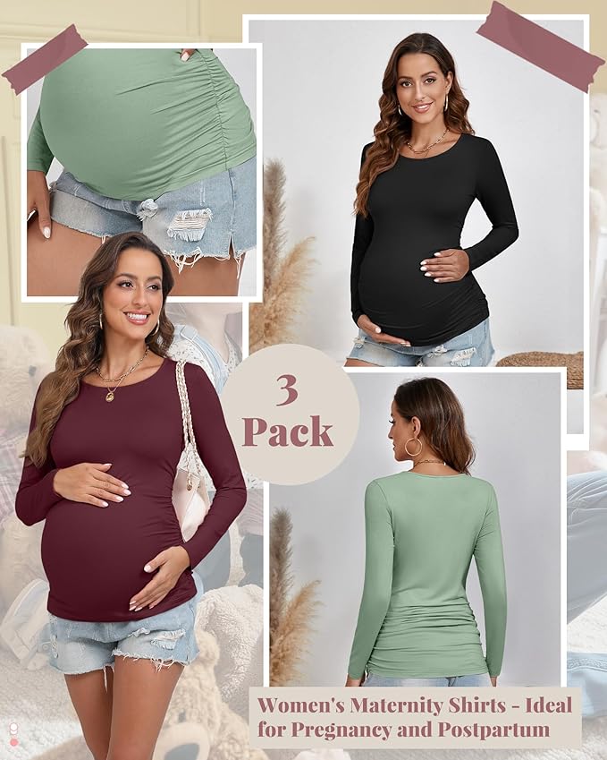 Ficerd 3 Pack Women's Maternity Shirts, Long Sleeve Side Ruched Pregnancy Tee Tops Crew Neck Casual Mama Clothes Basic Tunic
