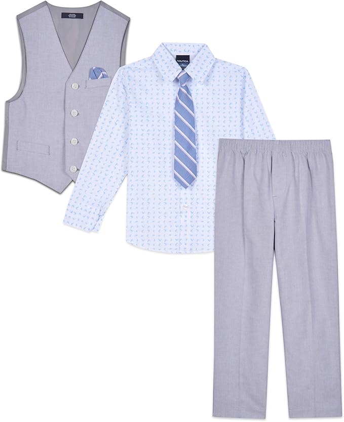 Nautica Boys' 4-Piece Formal Suit Set with Vest, Pants, Collared Dress Shirt, and Tie