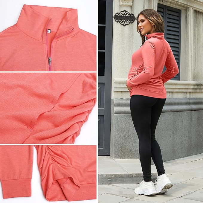 GINKANA Maternity Women's Long Sleeve Shirt Half Zipper Lapel Lightweight Casual Maternity Pullover with Pockets
